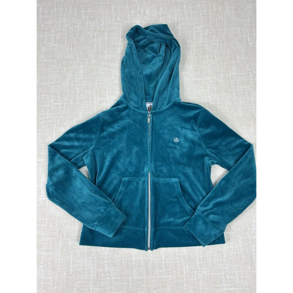 JUICY by Juicy Couture Teal Velour Full Zip Hoodie (M) Rhinestone Y2K McBling